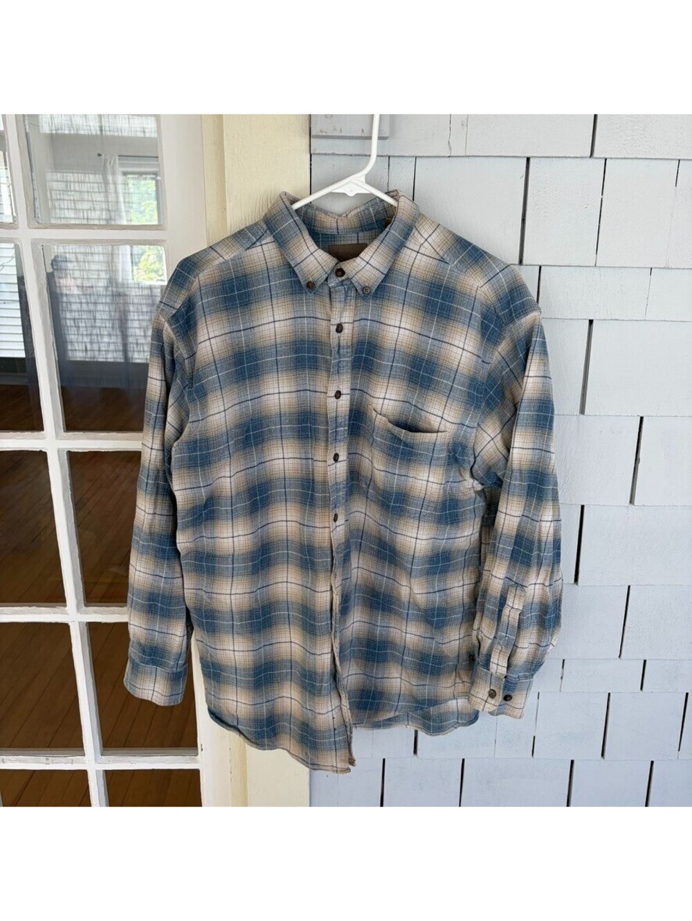 Y2K St. John's Bay Ombre Plaid Flannel Shirt Blue Tan Button Up Long Sleeve Sz L